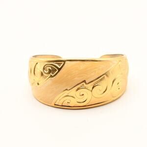 Vintage Gold Tone Cream Enamel Scroll Wide Cuff Bracelet Statement Jewelry